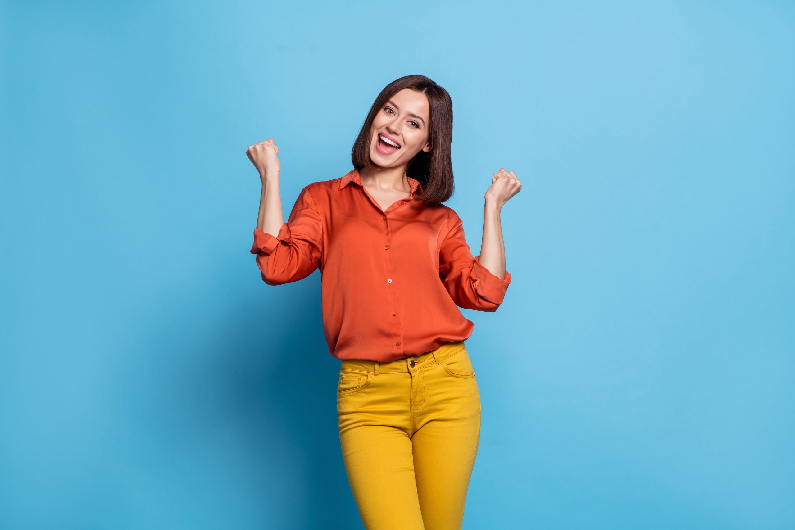 Photo,Of,Young,Cheerful,Excited,Girl,Rejoice,Success,Fist,Hands